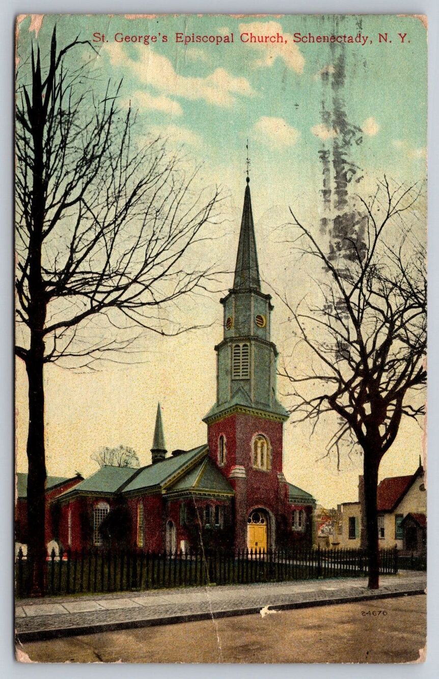 1910 Schenectady NY Postcard St. George's Episcopal Church Flag Cancel Antique